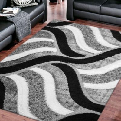 Luxury Shaggy Grey Waves Area Floor Rug In Lounge Room