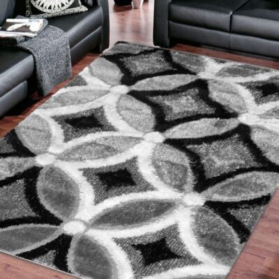 Luxury Shaggy Grey Curved Diamond Area Floor Rug In Lounge Room