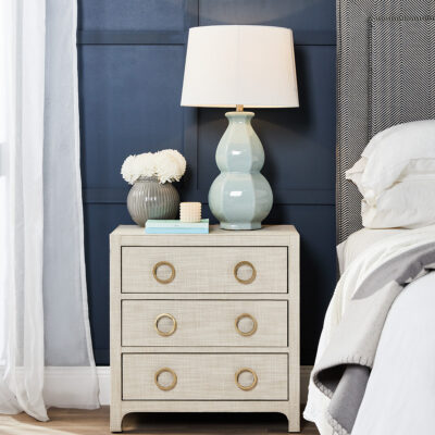 Hamptons style-inspired bedside table off-white linen blended fabric with three drawers.