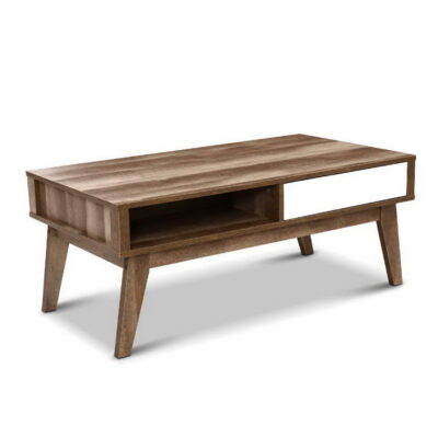 Scandinavian wooden coffee table with shelf storage and a drawer storage