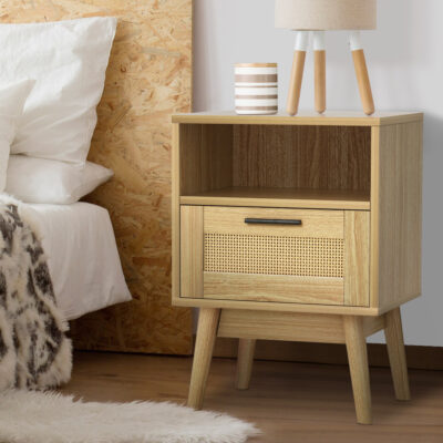 Hamptons style bedside table with a single rattan drawer and a top shelf.