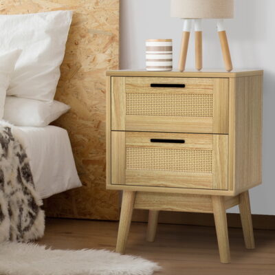 Hamptons style rattan bedside table with two drawers.