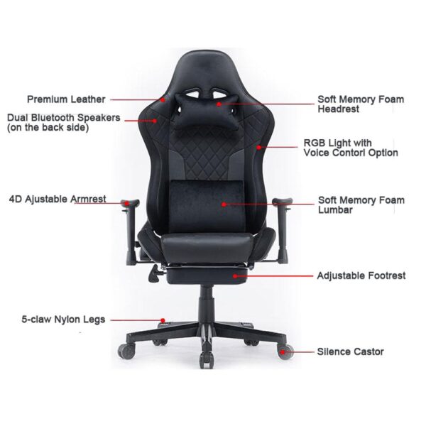 V255 GCHAIR 34 BBLACK 7 rgb lights bluetooth speaker gaming chair ergonomic racing chair 1650 reclining gaming seat 4d armrest footrest black 855573 03