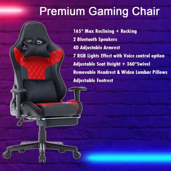 V255 GCHAIR 34 BRED 7 rgb lights bluetooth speaker gaming chair ergonomic racing chair 1650 reclining gaming seat 4d armrest footrest black red 692640 01