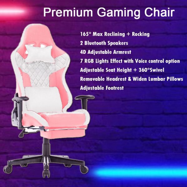 V255 GCHAIR 34 PWHITE 7 rgb lights bluetooth speaker gaming chair ergonomic racing chair 1650 reclining gaming seat 4d armrest footrest pink white 715549 01