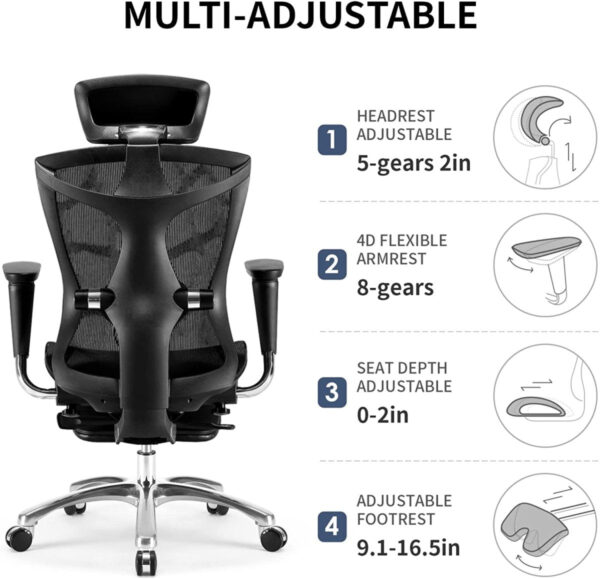 V255 SIHOO V1 009 BK sihoo ergonomic office chair v1 4d adjustable high back breathable with footrest and lumbar support 411266 02