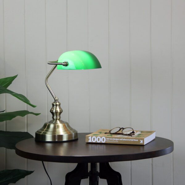 OL99458AB Lifestyle bankers touch lamp antique brass green
