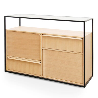 Minimalist Natural Oak Buffet Sideboard Cabinet with Black Frame 120cm Wide