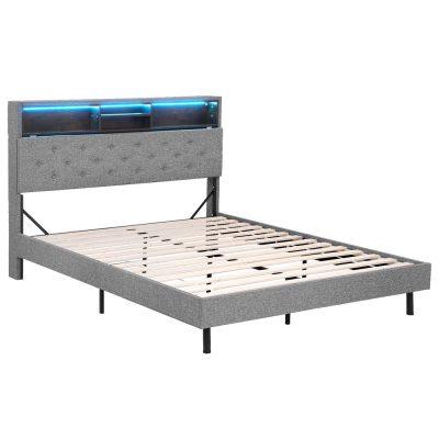 Artiss Bed Frame Double Size Led Mattress Base Platform With Storage Shelf Hidden Storage Box Grey